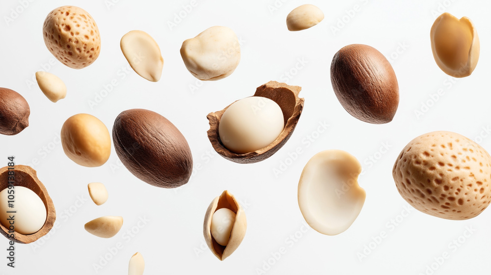 Close-up of various nuts and seeds including shelled and unshelled almonds, macadamias, and shea nuts on a white background. Close-up of various nuts and seeds including shelled and unshelled almonds, macadamias, and shea nuts on a white background.