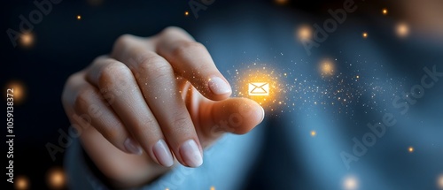 Fingertip of a woman s hand reaching out and connecting with a glowing holographic display featuring various business management symbols and icons