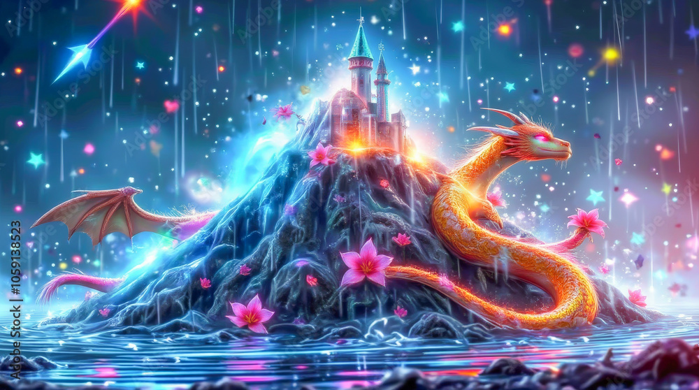 Crystal Mountain Castle with Dragons and Celestial Planets Crystal Mountain Castle with Dragons and Celestial Planets