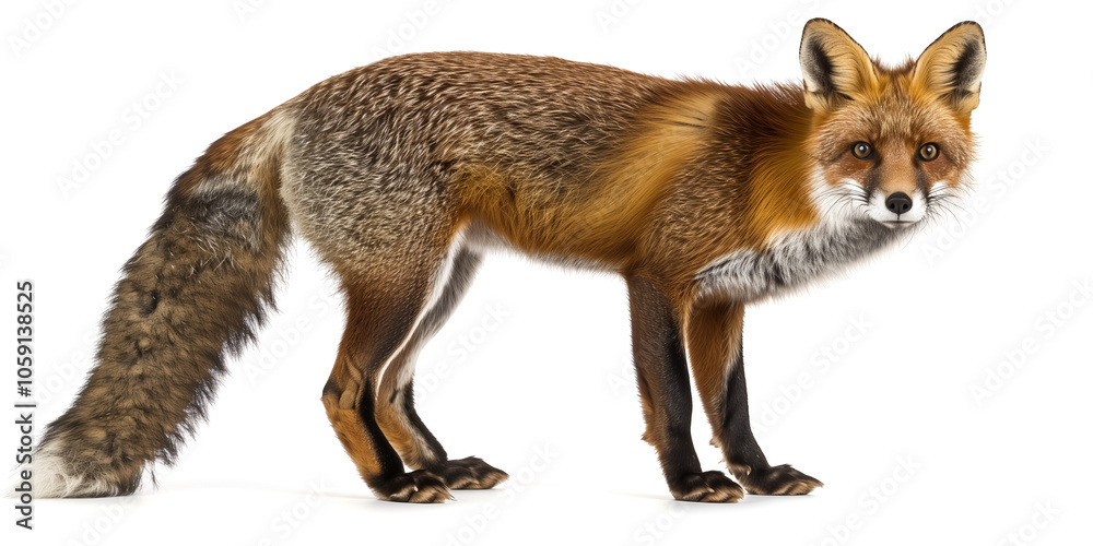 Obraz premium Side view of a red fox standing on white background