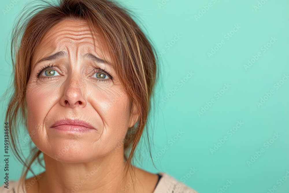 A woman with a messy bun and a worried gesture A woman with a messy bun and a worried gesture