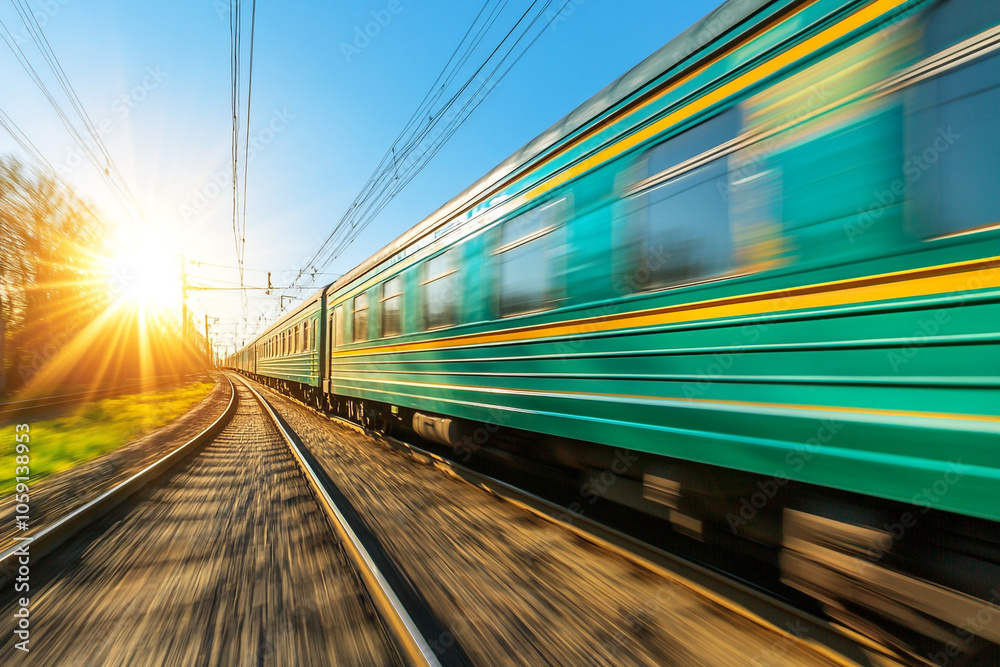 Fototapeta premium A green and blue train is moving rapidly on the railway, with a motion blur effect.