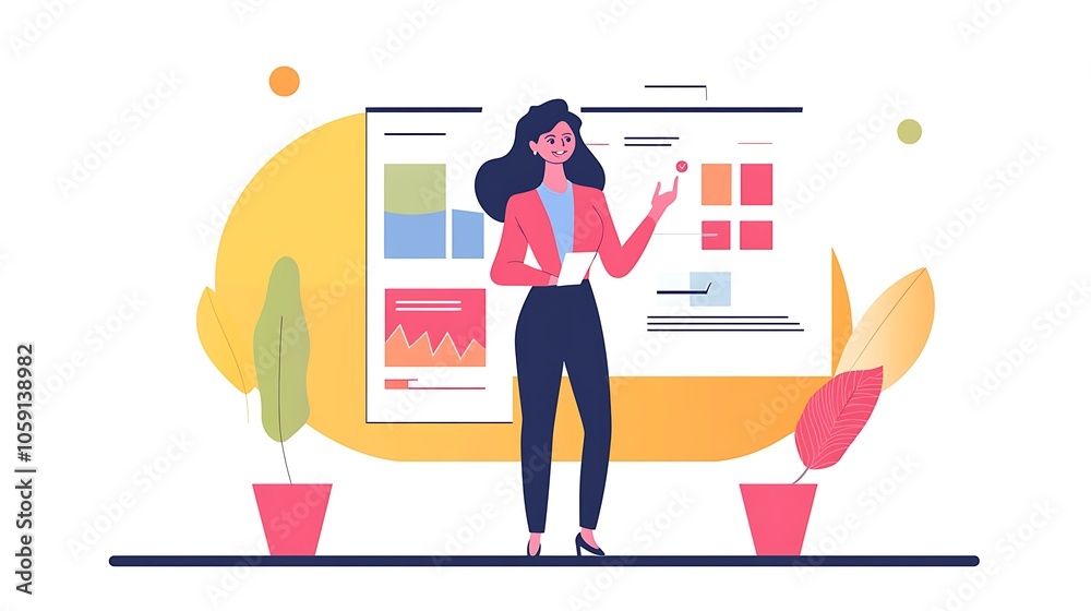 A woman presenting data in front of a colorful background with charts and plants. A woman presenting data in front of a colorful background with charts and plants.