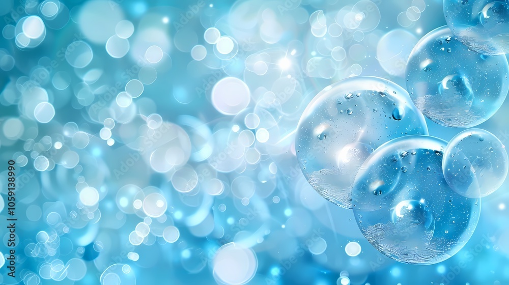 Cosmetic set ads, luxury blue package design on light blue background with molecule glittering bokeh Cosmetic set ads, luxury blue package design on light blue background with molecule glittering bokeh
