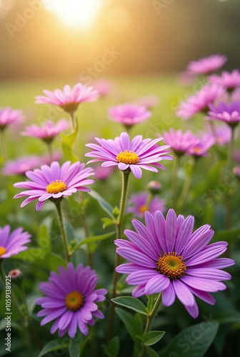 A vibrant field of pink daisy flowers blooming beautifully in a sunny garden, capturing the essence of spring and summer