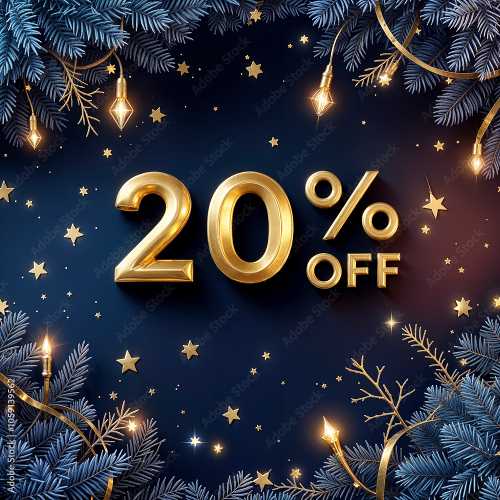 Fototapeta premium 3d 20% off golden banner. Christmas sale. Inscription. Discount. Winter sale. New Year sale