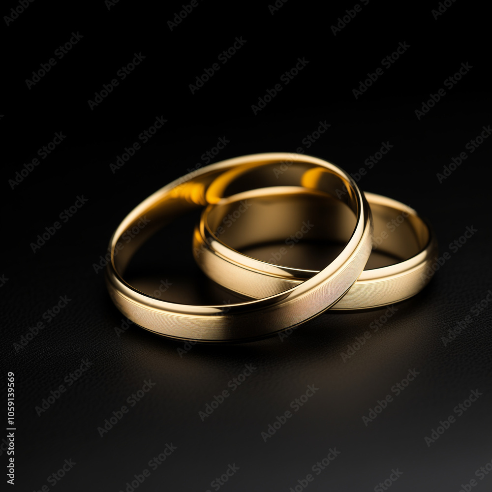 Gold wedding rings on black reflective surface Gold wedding rings on black reflective surface
