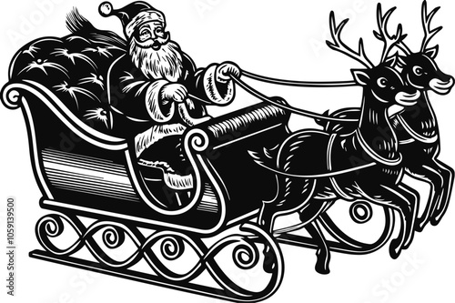 santa claus silhouette in sleigh with reindeer