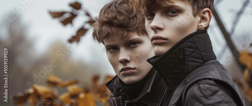 Two young men in autumn setting wearing stylish jackets photo