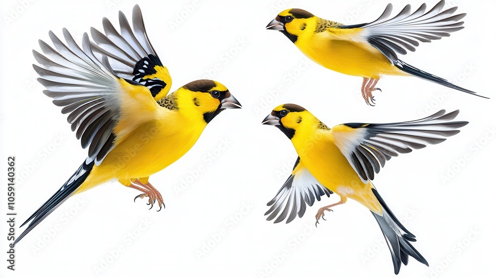 Obraz premium Three vibrant yellow birds in mid-flight, showcasing their striking wings and playful demeanor.