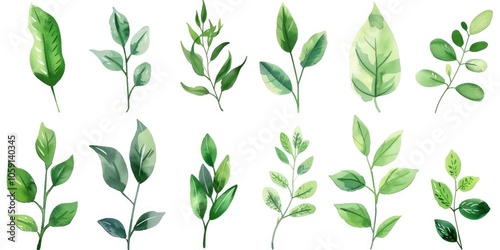 A set of six green plant leaves with detailed stem and vein textures for graphic design purposes.