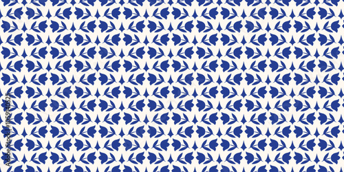 Seamless pattern with blue rose and star motif on light cream background