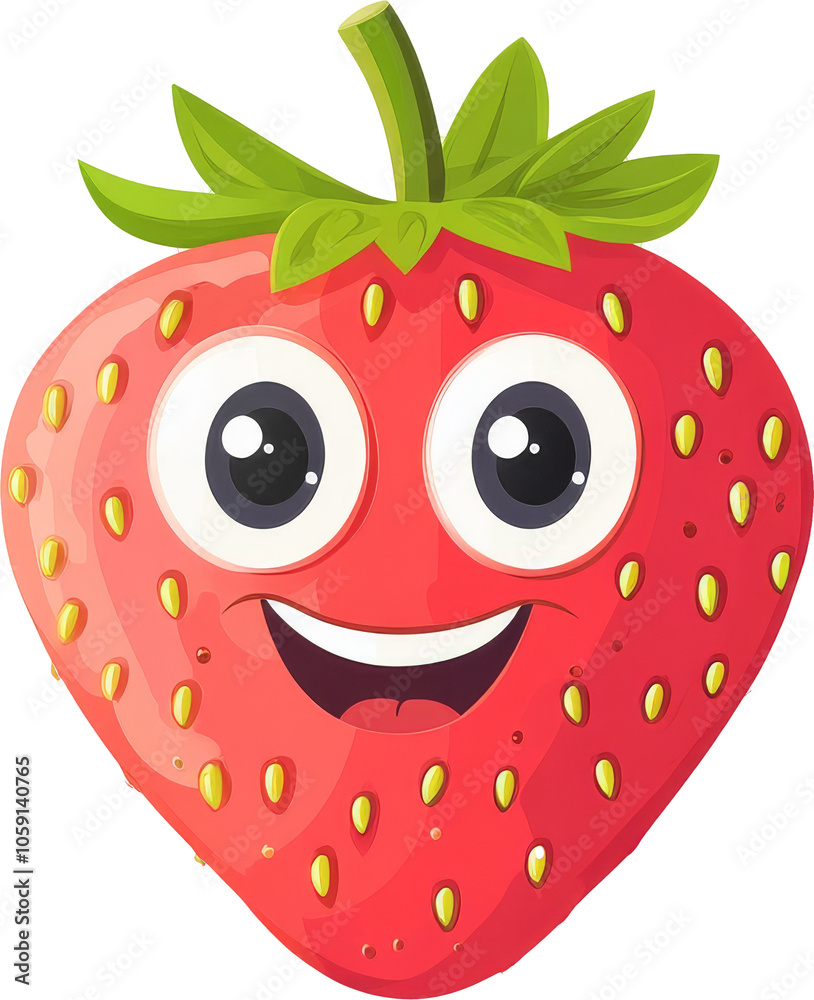 Fototapeta premium Smiling cartoon strawberry with big eyes on transparent background
