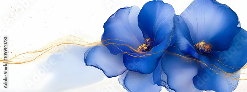 
Abstract marbled ink liquid fluid watercolor painting texture banner illustration - Soft royal blue petals, blossom flower flowers swirls gold painted lines, isolated on white background