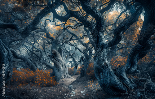 Enchanted forest with twisted trees and autumn foliage