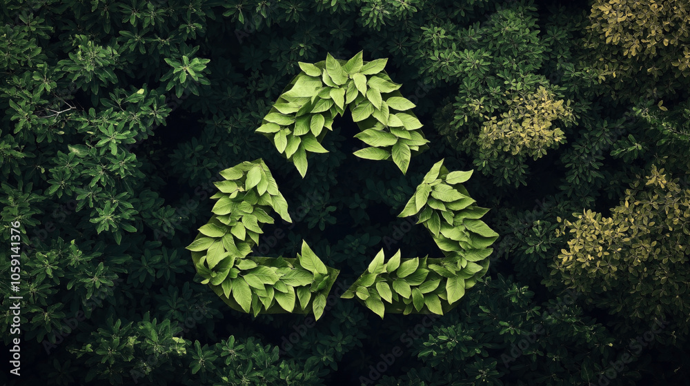 Obraz premium Green leaves arranged in a recycling symbol surrounded by lush foliage in a natural forest setting, symbolizing sustainability and environmental conservation.