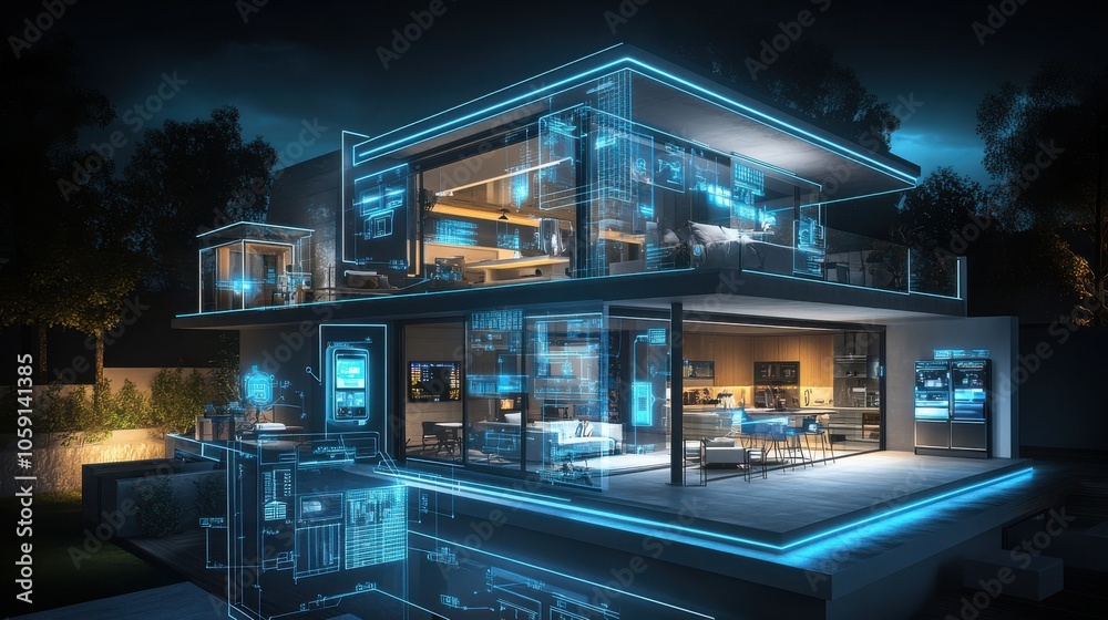 Smart home interior with AI displays and blue LED lights, night scene Smart home interior with AI displays and blue LED lights, night scene
