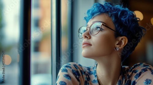 Female with blue hair looking out, contemplating.