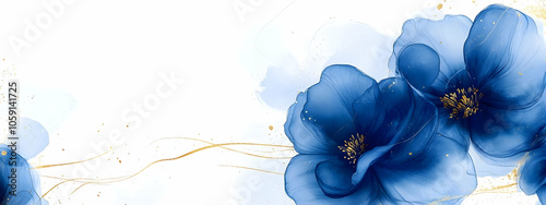 
Abstract marbled ink liquid fluid watercolor painting texture banner illustration - Soft royal blue petals, blossom flower flowers swirls gold painted lines, isolated on white background