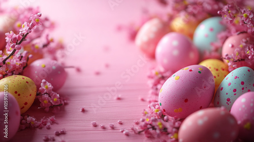 Multi-colored vibrant eggs surrounded by spring flowers on a pink Easter background 