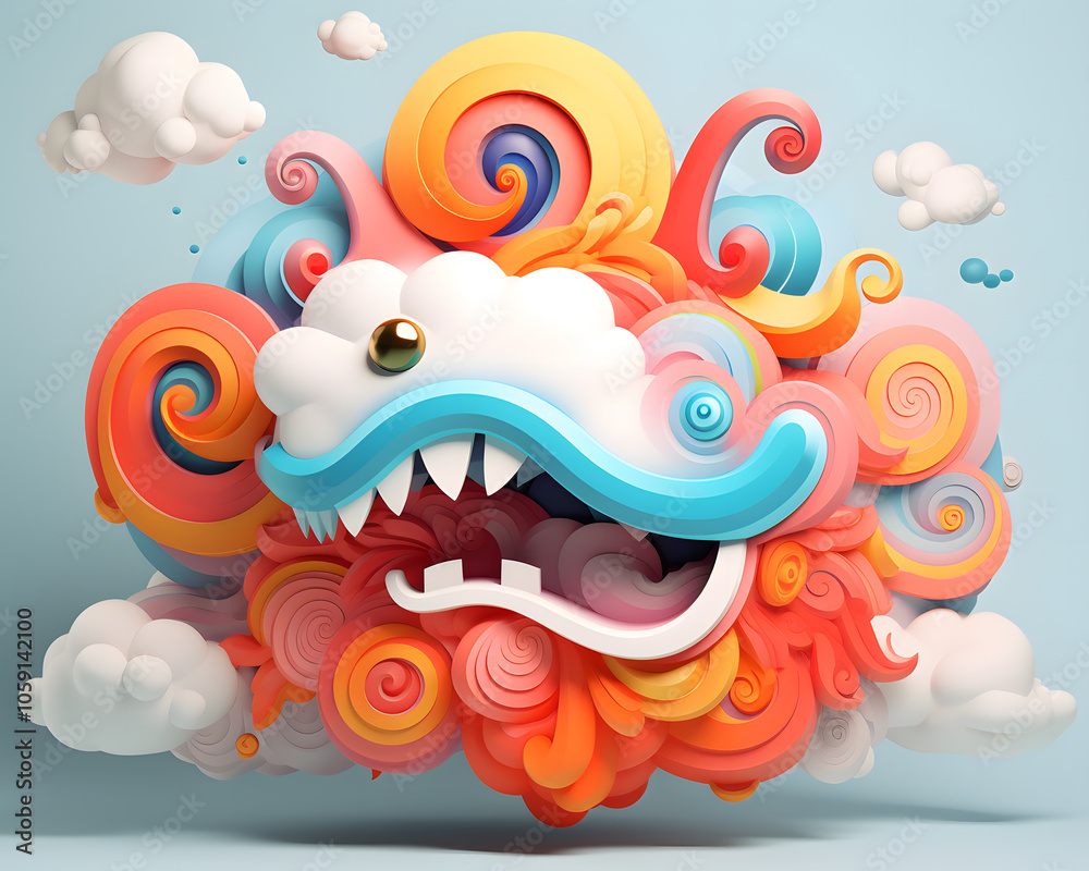 Fototapeta premium Playful and colorful cartoonish illustration of mythical creatures with swirling patterns and dynamic expressions