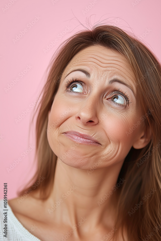 A woman with a messy bun and a worried gesture