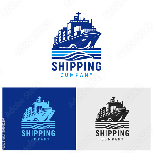 Stylized shipping company logo featuring a cargo ship with containers sailing on waves. The text "SHIPPING COMPANY" is below the ship. Ideal for maritime branding.