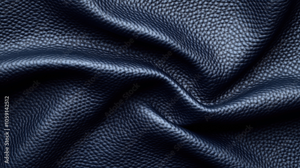 Close-up view of rippled dark blue textured leather material, showcasing its detailed grain pattern and folds. Close-up view of rippled dark blue textured leather material, showcasing its detailed grain pattern and folds.