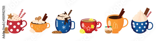Festive Winter Drinks Coffee with Cinnamon, Tea with Lemon, Hot Chocolate with Whipped Cream and Candy Canes, Cocoa with Marshmallows. Mugs for Christmas, New Year or Winter Holidays. Vector 