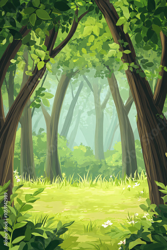green forest scene with sunlight and lush foliage