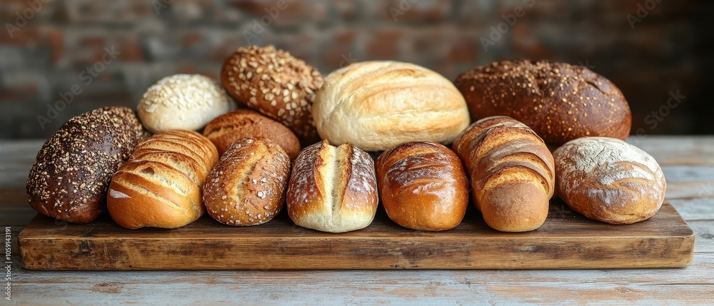 Artisanal Breads Displayed on Rustic Board, Warm Textures, Inviting Composition, Ideal for Culinary Promotions or Recipe Sharing