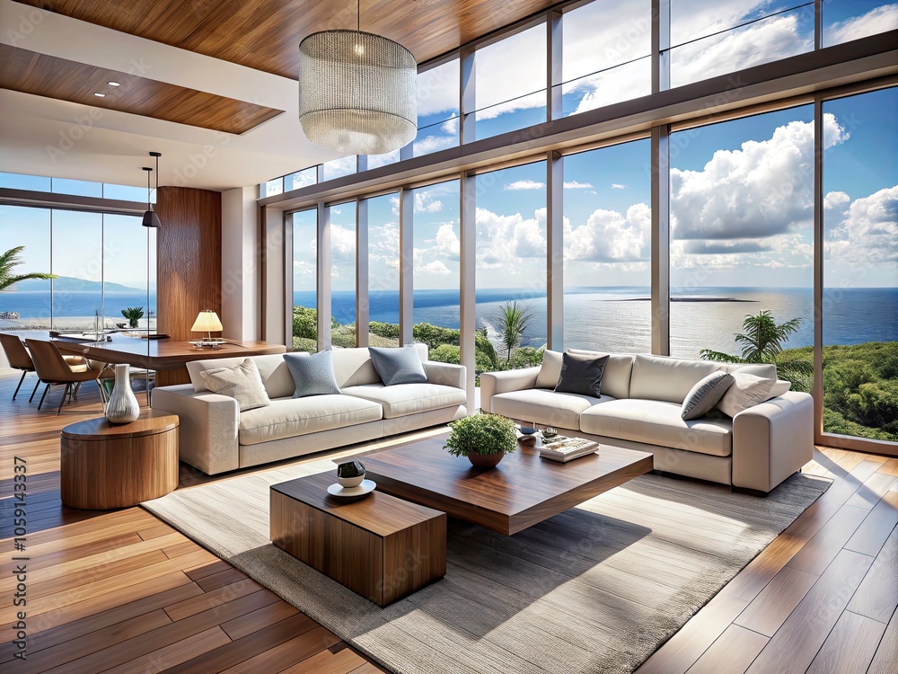 Fototapeta premium Luxurious Modern Living Room with Ocean Views - Panoramic Photography