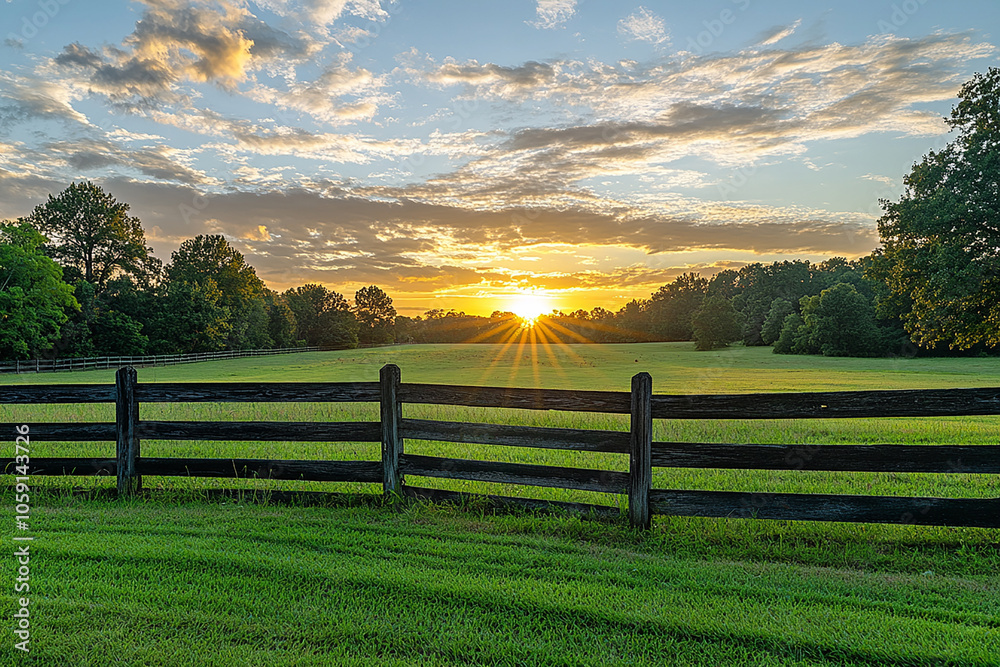 Fototapeta premium A serene sunrise over an old wooden fence, with the sun casting long shadows
