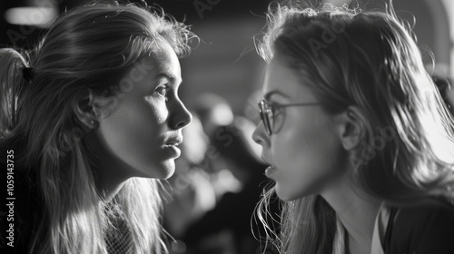 Two women engage in a serious conversation, capturing an intense moment of connection and communication. photo