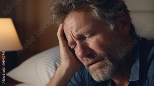 Middle aged man with hand on forehead, looking distressed