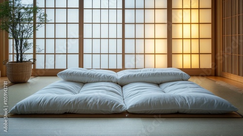 A serene, minimalistic interior featuring a plush, white bedding set on a tatami mat, illuminated by soft light through shoji screens.