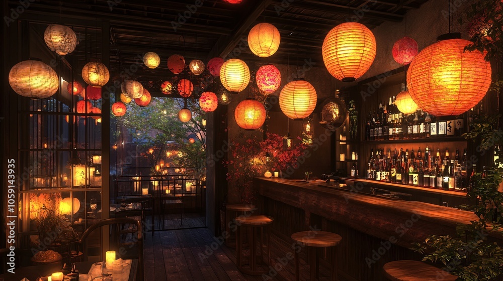 A cozy bar adorned with glowing lanterns and candles, creating a warm, inviting atmosphere for relaxation and socializing. A cozy bar adorned with glowing lanterns and candles, creating a warm, inviting atmosphere for relaxation and socializing.