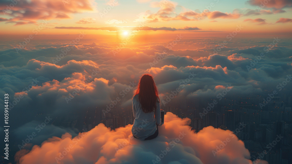 A young businesswoman sits on a cloud high above the city, working on her laptop, symbolizing remote work, creativity, and modern cloud computing. A young businesswoman sits on a cloud high above the city, working on her laptop, symbolizing remote work, creativity, and modern cloud computing.