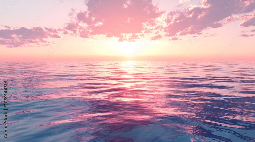 A serene seascape at sunset, featuring calm waters reflecting pink and purple hues, with fluffy clouds in a colorful sky.