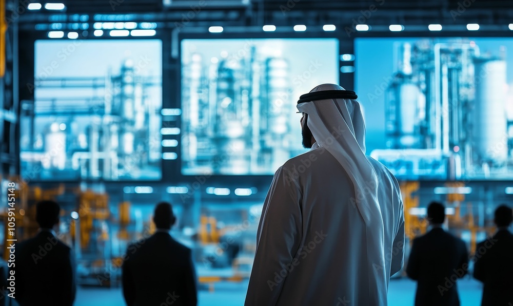 Man in white robe stands before large screens. Man in white robe stands before large screens.