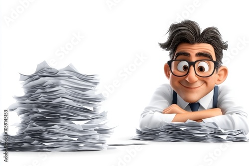 a 2D cartoon illustration of a teacher with a stack of graded papers organized and positive white background