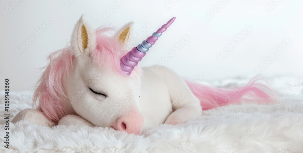 An adorable baby unicorn with a pink mane rests on a soft bed, capturing a whimsical and magical essence. Its gentle, enchanting look embodies innocence and the fantasy world.