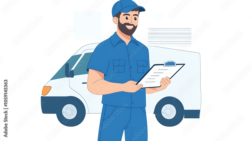 A delivery worker in blue uniform holding a clipboard, standing in front of a delivery van. A delivery worker in blue uniform holding a clipboard, standing in front of a delivery van.