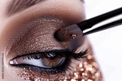 Close-up image of a hand applying eye shadow to eyelids. Highly detailed makeup products with glitter texture on eyelashes.