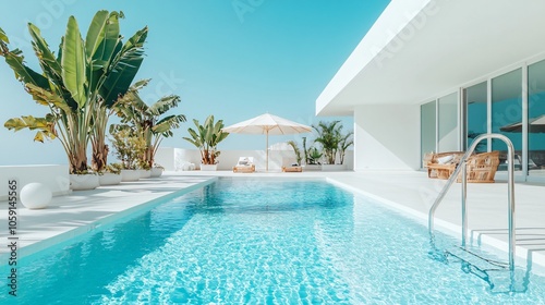 A Modern Minimalist White Pool Area in Spain: Sunlit Oasis with Umbrella and Ladder