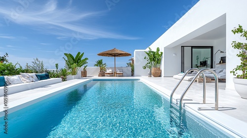 A Modern Minimalist White Pool Area in Spain: Sunlit Oasis with Umbrella and Ladder