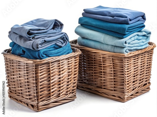 Neatly Folded Dark and Light Blue Laundry in Wicker Basket for Mockup Design, Transparent Background PNG