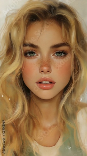 Digital Art Portrait of a Woman with Blonde Hair and Pink Lips