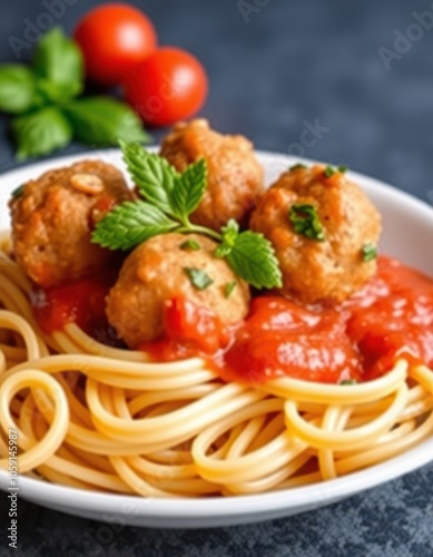 A plate of spaghetti with meatballs and tomato sauce, garnished with fresh basil