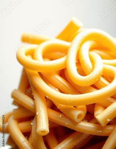 A close-up of cooked bucatini pasta, showing its unique hollow center photo